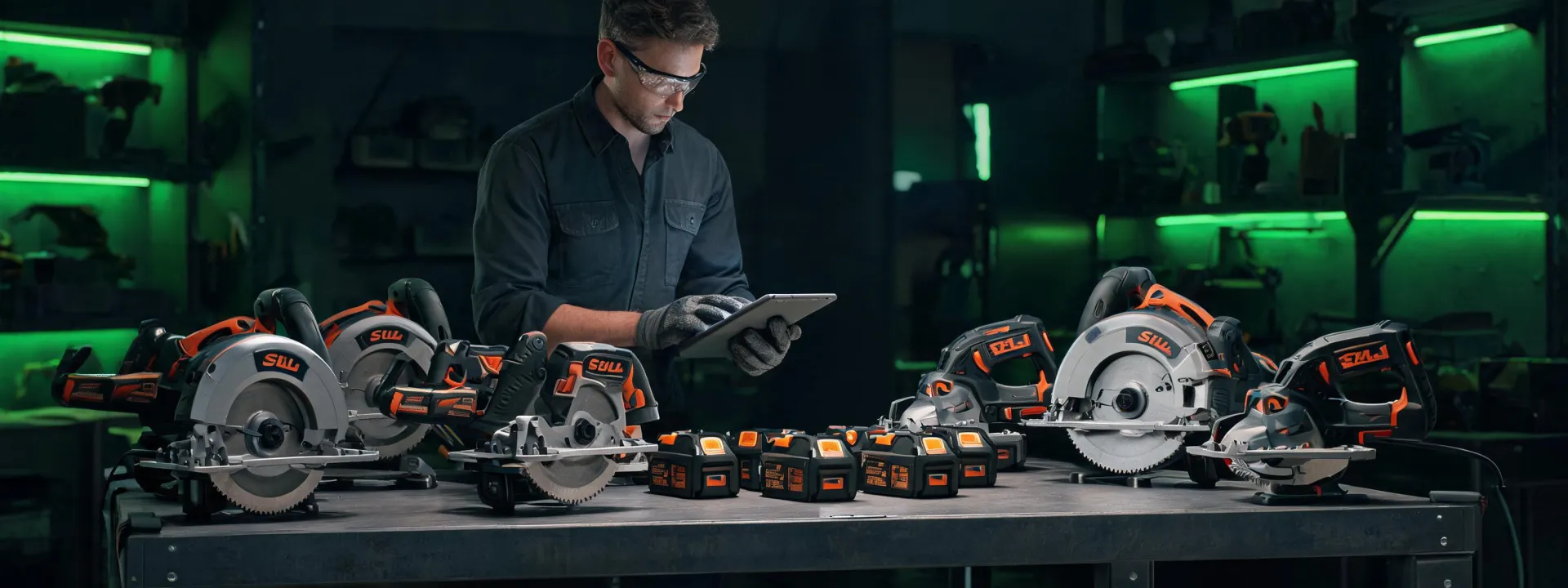 Service technician reviewing Skil tool records